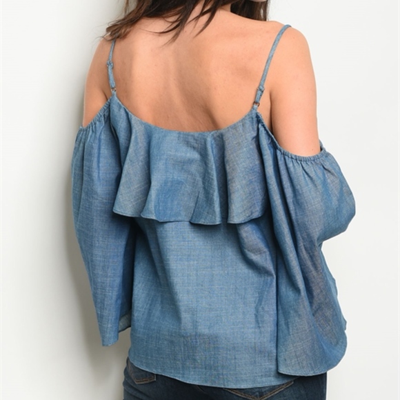 CHAMBRAY COLD SHOULDER RUFFLE TOP BELL SLEEVE - Picture 2 of 3